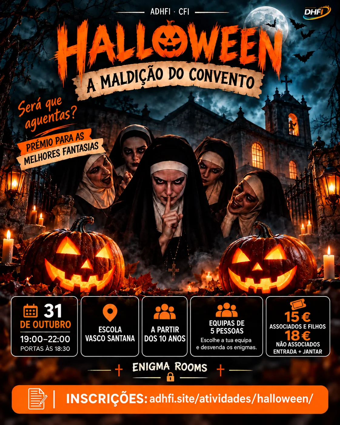 Cartaz de Halloween A Maldição do Convento: abóboras iluminadas e figuras assustadoras junto a um convento